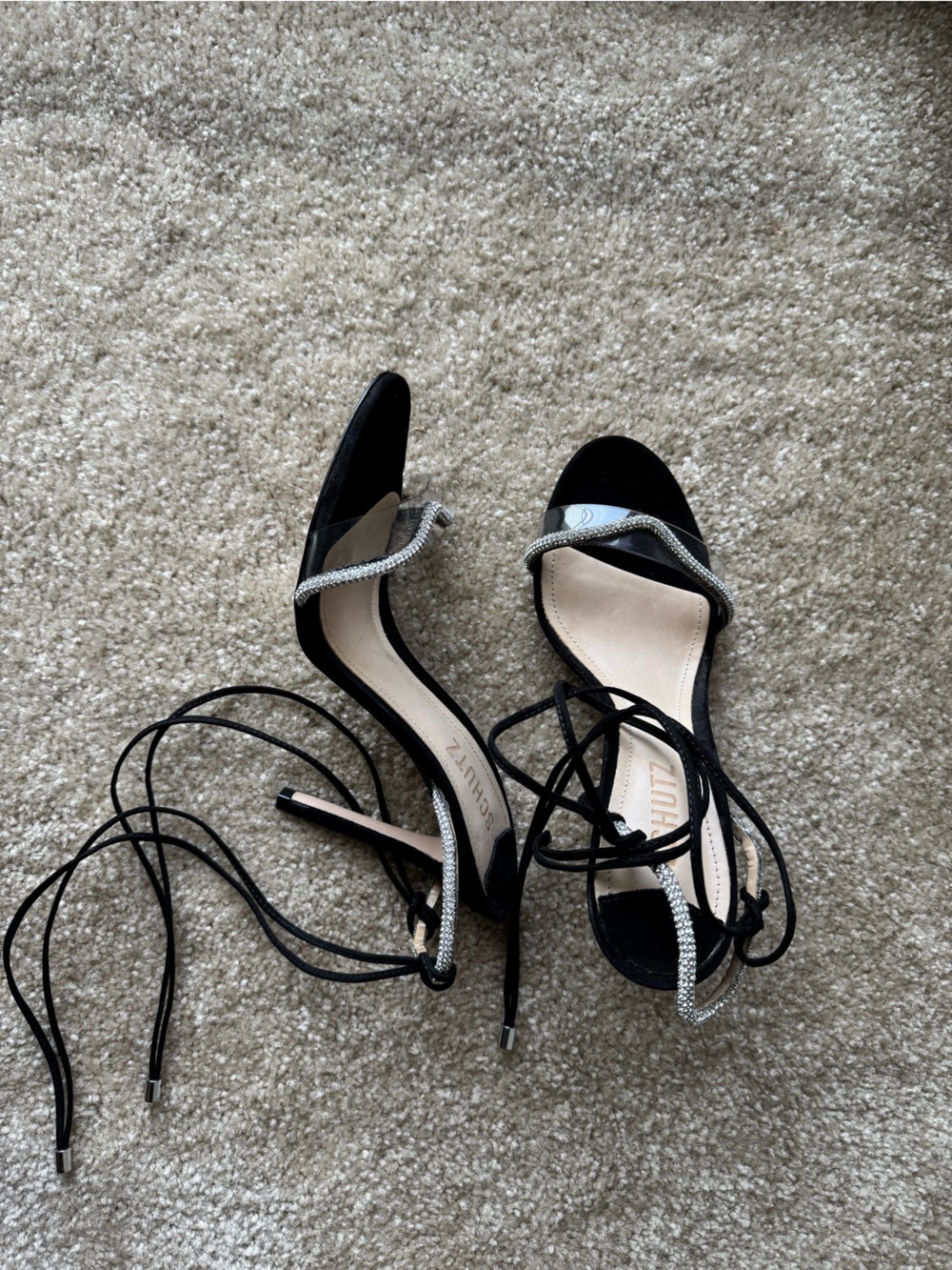 Schutz Black Strappy Stiletto Sandals with Rhinestone Detail